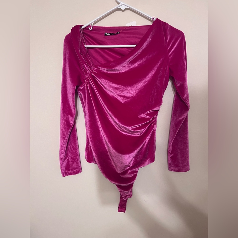 Zara Pink Asymmetrical Ruched Long Sleeve Bodysuit